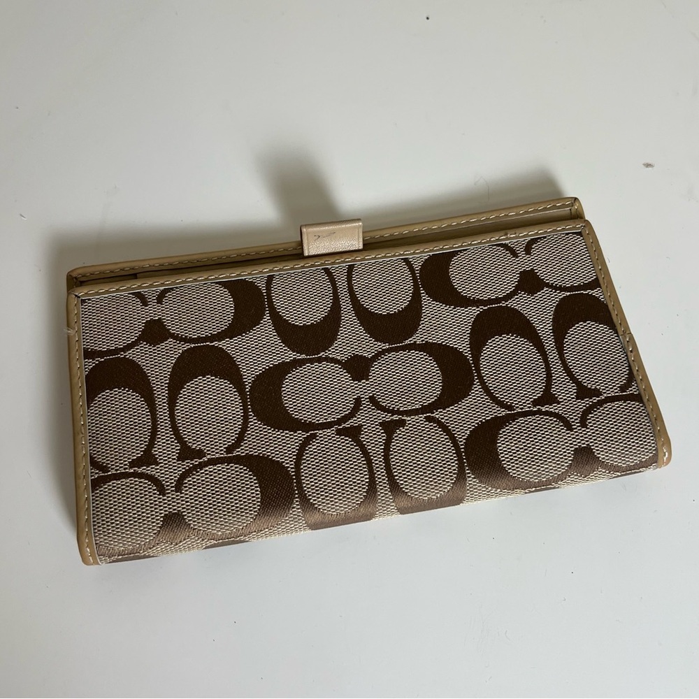 Coach Signature Checkbook Cover with Pen Holder Brown and Tan with Leather Trim